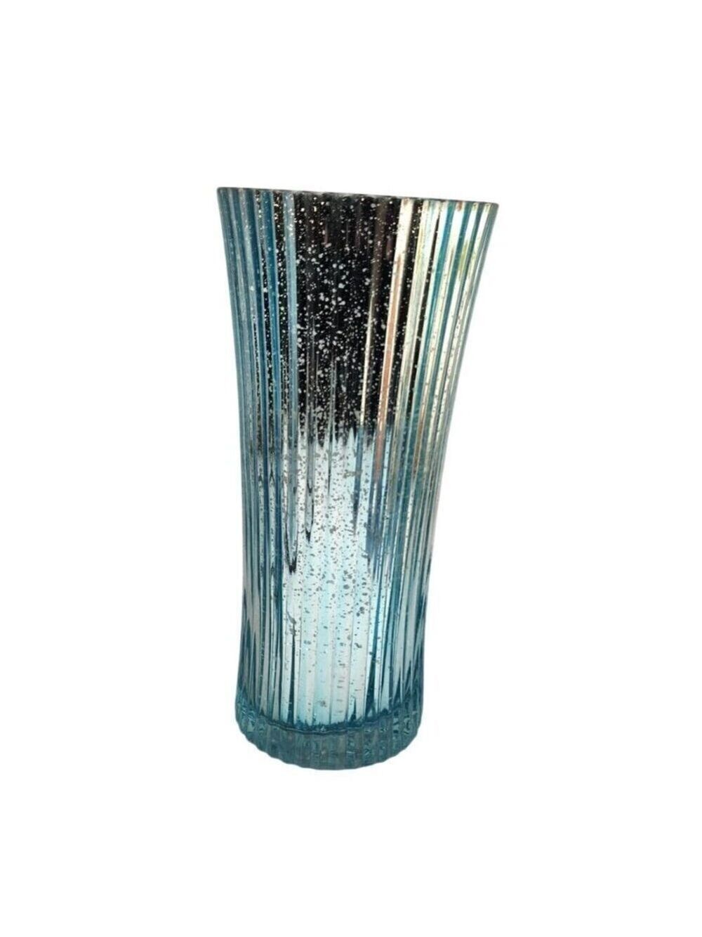 Aqua Blue Mercury Glass Ribbed Vase 11.5 Inch Tall